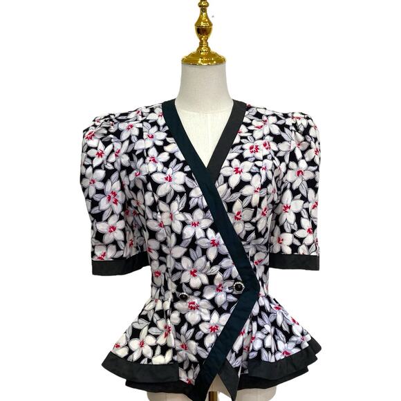 Vintage 80s Jessica Howard Black & Red Floral Peplum Statement Jacket size 8 - Picture 1 of 12